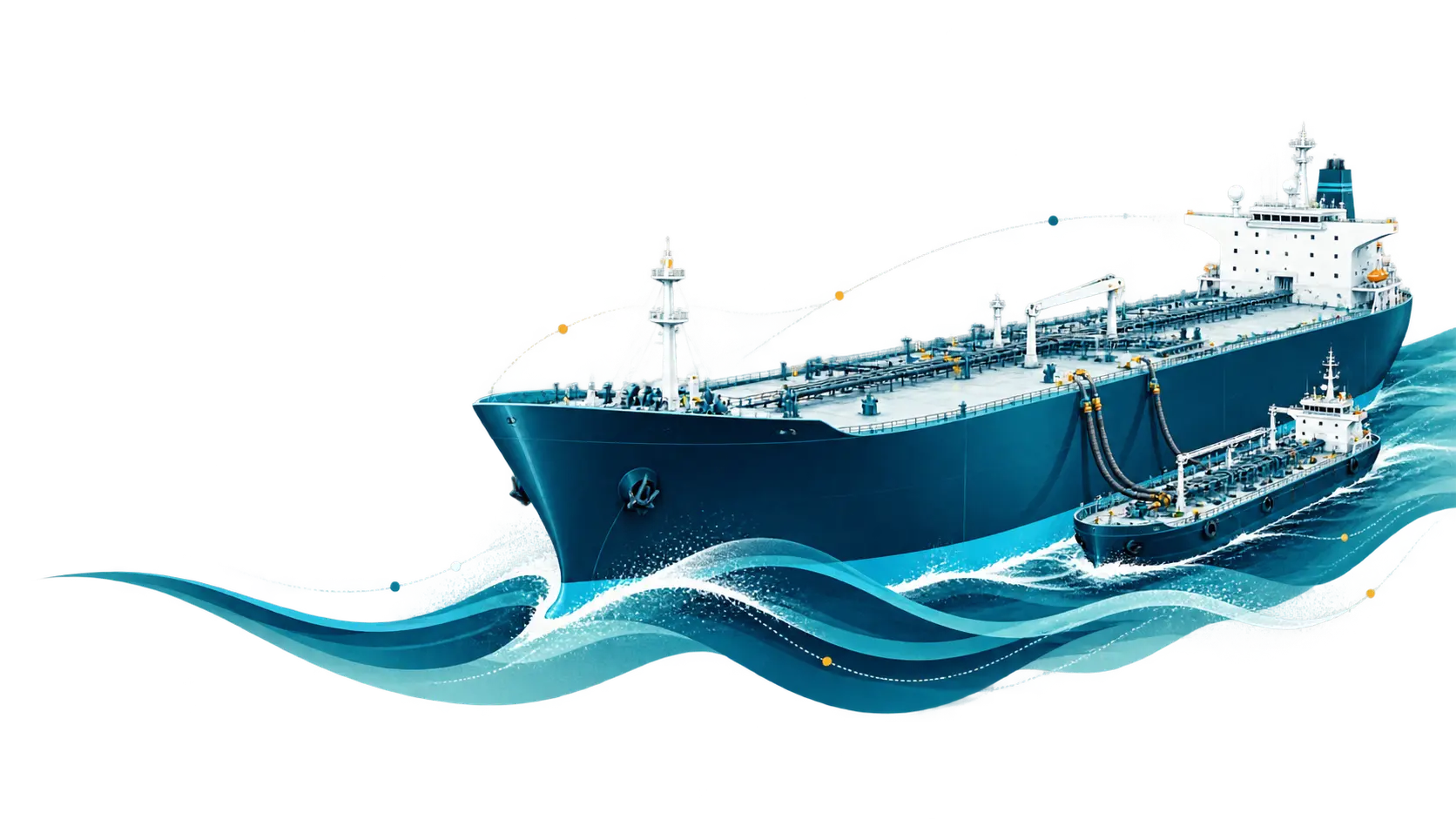 Original illustration of a tanker receiving marine fuel from a bunker barge